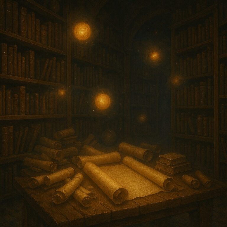 Behind the Scrolls – candlelit table with scrolls and quill" title