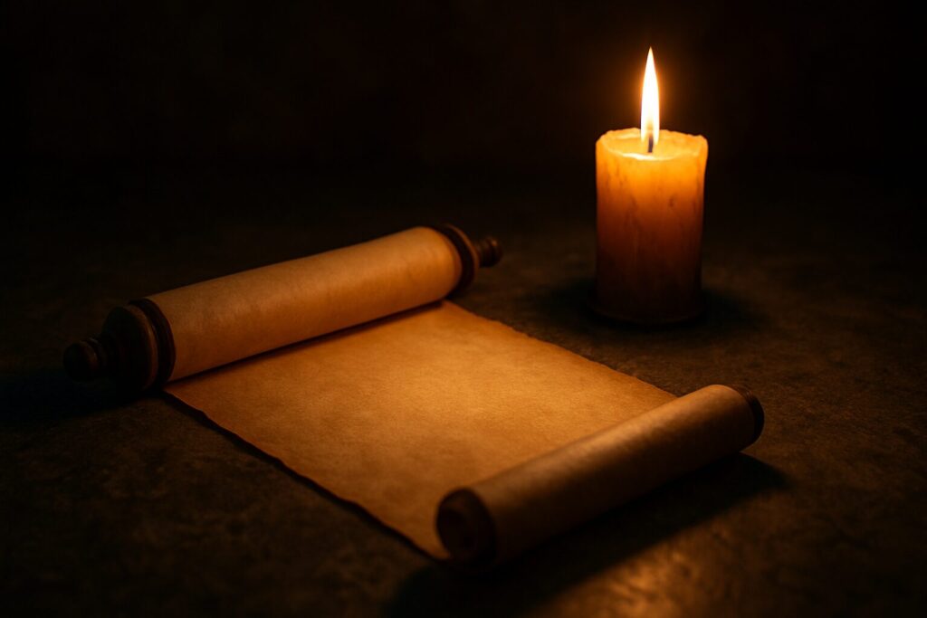 Ancient glowing scroll illuminated by candlelight — symbol of AquaCapri's first whispers